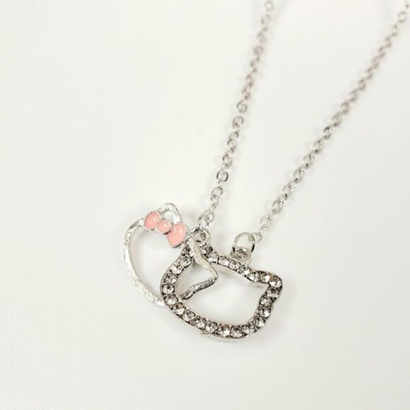 Brand New Double Hello Kitty Silver Rhinestone Necklace With Pink Ribbon - Picture 4 of 7